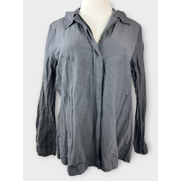 Eileen Fisher Grey Metallic Shimmer Crinkle Full Zip Jacket Long Sleeve Large - Picture 2 of 16